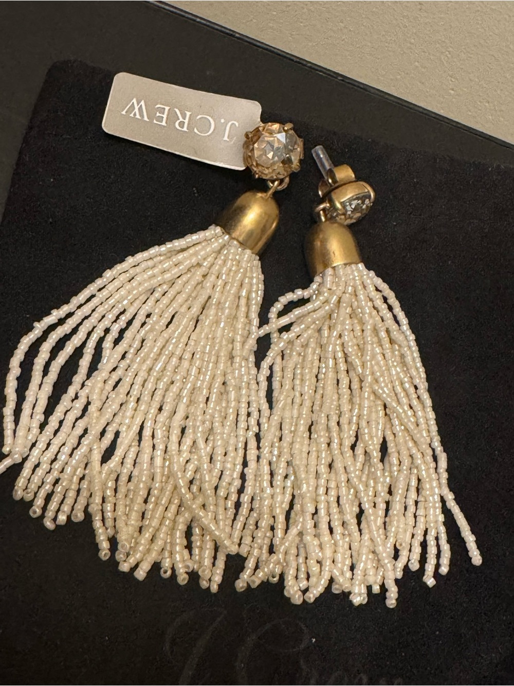 NWT J.Crew Crystal & Cream Beaded Tassel Statement Earrings Dust Bag